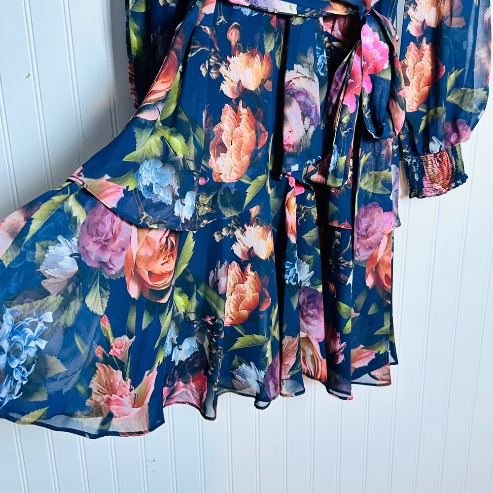 Alex Marie Navy Floral Slit Sleeve Mini Dress Size 16 Mock Neck Back Zipper - Picture 3 of 10